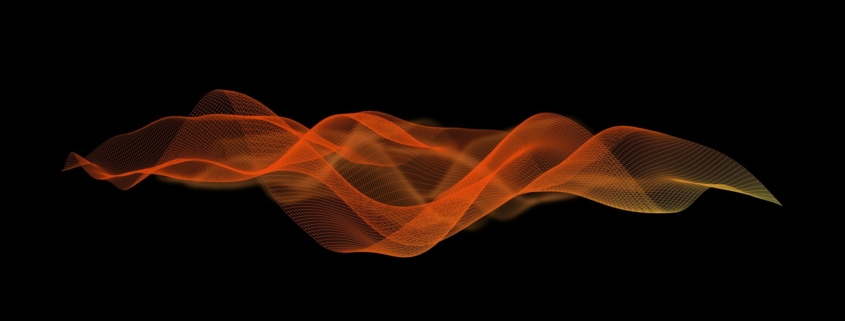 Illustration of pink soundwaves on black background. Abstract orange curvy mesh.